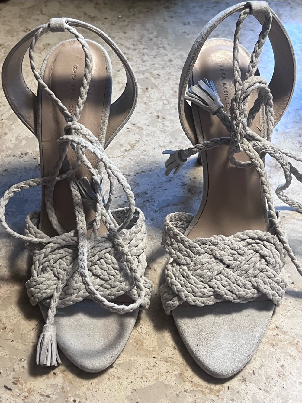 Zara Light Gray Braided Lace-Up Heeled Sandals